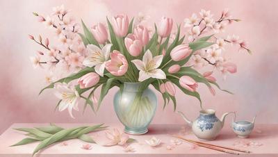 The primary subject of the image is a vase filled with pink flowers, placed on a pink table. The setting is a room with a pink background, and the visual style is a painting or drawing. The colors and mood of the image are predominantly pink, creating a warm and inviting atmosphere.