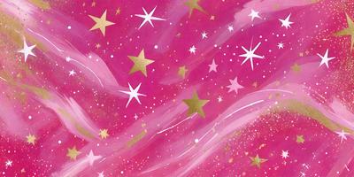 The primary subject of the image is a painting of a starry night sky. The setting is a pink background, which adds a warm and vibrant atmosphere to the scene. The visual style is a combination of digital art and illustration, creating a unique and artistic representation of the night sky. The colors and mood are predominantly pink, which gives the painting a soft and dreamy quality.