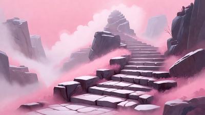 The primary subject of the image is a set of stairs, which are pink and made of stone. The stairs are located in a pink and purple environment, giving the scene a whimsical and surreal atmosphere. The visual style of the image is a combination of digital art and illustration, creating a unique and artistic representation of the stairs. The colors and mood of the image are predominantly pink and purple, with a touch of surrealism, making it an interesting and captivating