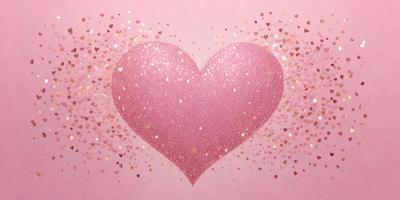 The primary subject of the image is a heart-shaped glittery decoration. The heart is pink and features a pattern of gold glitter. The setting is a pink background, which complements the heart's color. The visual style is a combination of digital art and illustration, creating a unique and eye-catching design. The colors and mood of the image are predominantly pink and gold, evoking a sense of warmth and celebration.