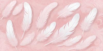 The primary subject of the image is a collection of white feathers, which are arranged in various positions on a pink background. The feathers are spread out across the surface, creating a visually appealing and artistic display. The visual style of the image is a combination of photo and digital art, as it captures the beauty of the feathers in a realistic yet creative manner. The colors and mood of the image are predominantly pink, which adds a sense of warmth and softness to the scene.