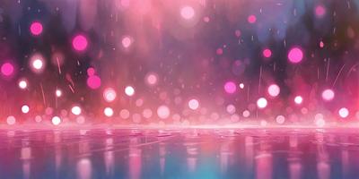 The primary subject of the image is a brightly colored, pink and purple background with a rainbow-like pattern. The setting is a dark, rainy night, and the visual style is a digital art or illustration. The colors and mood of the image are vibrant, lively, and energetic.