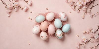 The primary subject of the image is a group of colorful eggs, including blue, pink, and white ones, arranged in a nest-like fashion. The setting is a pink background, which adds a warm and inviting atmosphere to the scene. The visual style is a combination of photo and digital art, creating a realistic yet artistic representation of the eggs. The colors and mood of the image are vibrant and cheerful, with the pink background complementing the lively hues of the eggs.