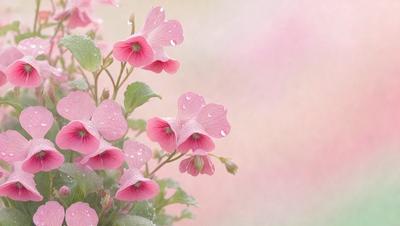 The primary subject of the image is a bouquet of pink flowers with drops of water on them. The flowers are placed in a vase, and the setting is a pink background. The visual style of the image is a photo, and the dominant colors are pink and white. The overall atmosphere of the image is serene and beautiful.
