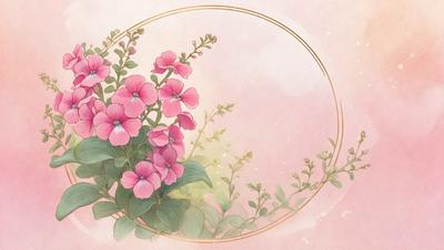 The primary subject of the image is a beautiful pink flower with blue accents, surrounded by green leaves. The flower is the focal point of the scene, and it is set against a pink background. The visual style of the image is a combination of digital art and illustration, creating a vibrant and lively atmosphere. The dominant colors in the image are pink and green, with the pink flower being the most prominent feature.
