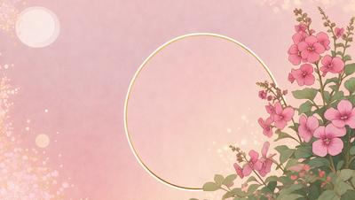 The primary subject of the image is a pink flower with a gold circle around it. The setting is a pink background, and the visual style is a digital art illustration. The dominant colors are pink and gold, creating a warm and inviting atmosphere.