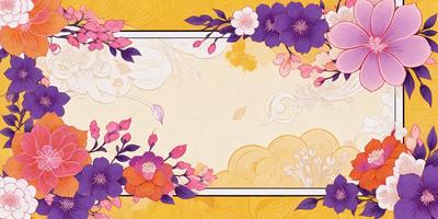 The primary subject of the image is a beautifully decorated card with a yellow background. The card features a variety of flowers, including pink and purple ones, arranged in a visually appealing manner. The setting is a card, and the visual style is a combination of digital art and illustration. The colors and mood of the card are warm and inviting, with the yellow background providing a cheerful and welcoming atmosphere.