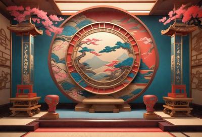 The primary subject of the image is a large, colorful, and intricately designed circular painting or mural. The painting features a mountainous landscape and is surrounded by a variety of decorative elements. The setting includes a room with a blue wall, and the visual style appears to be a combination of photo and digital art. The colors and mood of the painting are vibrant and lively, creating a captivating and engaging atmosphere.