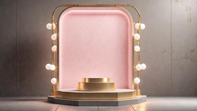 The primary subject of the image is a large, gold-colored, circular object, which appears to be a light fixture or a decorative piece. The setting is a pink-colored wall, which adds a contrasting and vibrant touch to the scene. The visual style of the image is a combination of photo and digital art, creating a unique and eye-catching presentation. The colors and mood of the image are predominantly pink and gold, giving it a warm and inviting atmosphere.