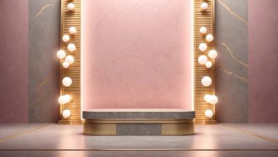 The primary subject of the image is a pink marble wall with a gold frame. The setting is a stage with a pink background, and the visual style is a photo. The colors and mood of the image are predominantly pink and gold, creating a warm and elegant atmosphere.