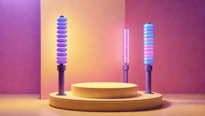 The primary subject of the image is a group of three light fixtures, each featuring a different color: purple, blue, and pink. These lights are placed on a round surface, which could be a table or a pedestal. The setting is a room with a pink wall, creating a warm and inviting atmosphere. The visual style of the image is a combination of photo and digital art, as it appears to be a well-lit and detailed scene. The colors and mood of the image are vibrant