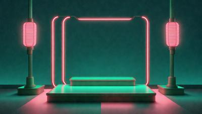 The primary subject of the image is a green and pink box with a neon glow. The box is placed on a surface, possibly a table or a shelf. The setting appears to be a room with a blue background, which adds to the overall atmosphere of the image. The visual style of the image is a combination of digital art and illustration, creating a unique and eye-catching design. The colors and mood of the image are vibrant and energetic, with the green and pink hues ev
