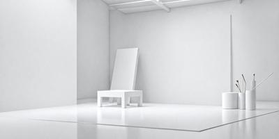 The primary subject of the image is a white chair placed in a white room. The chair is positioned in the center of the room, and it appears to be the main focus of the scene. The setting is a white room with a white floor, which creates a clean and minimalistic atmosphere. The visual style of the image is a realistic representation of the chair and the room, with no indication of digital art, illustration, or other artistic elements. The colors and mood of the image are predominantly white, giving