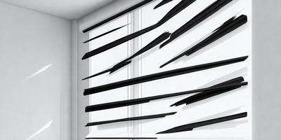 The primary subject of the image is a window with a black and white curtain. The setting is a room with a white wall behind the window. The visual style is a combination of photo and digital art, creating a unique and artistic representation of the curtain. The colors and mood of the image are predominantly black and white, giving it a classic and timeless appearance.