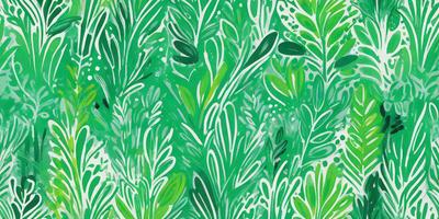 The primary subject of the image is a green plant with leaves and flowers. The setting is a green background, which creates a lush and vibrant atmosphere. The visual style is a combination of a painting and a digital art, giving the image a unique and artistic appearance. The dominant colors are green and white, which contribute to the overall mood of the image, evoking a sense of freshness and natural beauty.