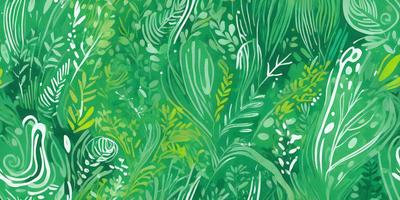 The primary subject of the image is a green plant with long, thin leaves. The plant is surrounded by a lush green background, which adds to the overall atmosphere of the scene. The visual style of the image is a combination of a photo and a drawing, creating a unique and vibrant appearance. The colors and mood of the image are predominantly green, giving it a fresh and natural feel.