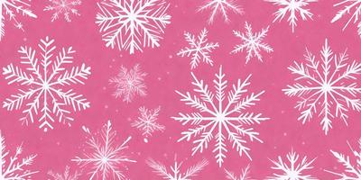 The primary subject of the image is a pattern of white snowflakes on a pink background. The setting is a snowy landscape, and the visual style is a combination of digital art and illustration. The dominant colors are pink and white, creating a warm and cozy atmosphere.