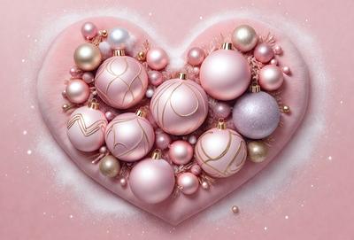 The primary subject of the image is a heart-shaped arrangement of pink and gold ornaments, including Christmas balls. The heart is filled with these ornaments, creating a visually appealing and festive display. The setting is a pink background, which complements the warm colors of the ornaments. The visual style is a combination of digital art and illustration, as the ornaments are carefully placed to create the heart shape. The colors and mood of the image are predominantly warm and cheerful, evoking a