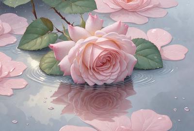 The primary subject of the image is a single pink rose floating on a body of water, surrounded by leaves. The setting is a serene and natural environment, with the water reflecting the rose and leaves. The visual style is a painting, which adds a sense of artistic expression and beauty to the scene. The dominant colors are pink and green, creating a warm and calming atmosphere.
