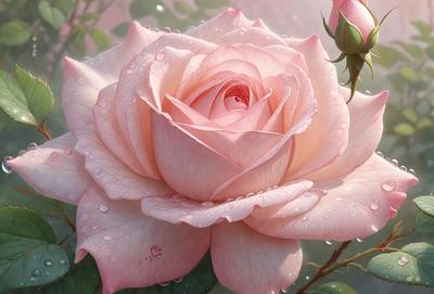 The primary subject of the image is a pink rose with drops of water on it. The rose is the main focus of the image, and it is set against a backdrop of water droplets. The visual style of the image is a painting, which gives it a more artistic and detailed appearance. The dominant colors in the image are pink and white, creating a soft and delicate atmosphere.
