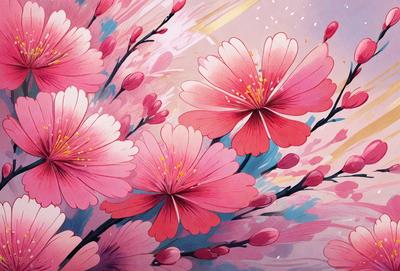 The primary subject of the image is a beautiful bouquet of pink flowers. The flowers are arranged in a visually appealing manner, creating a sense of harmony and elegance. The setting is a vibrant and colorful background, which adds to the overall atmosphere of the image. The visual style of the image is a combination of digital art and illustration, resulting in a stunning and eye-catching display of pink flowers. The colors and mood of the image are predominantly pink, which evokes