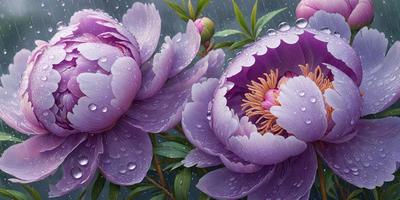 The primary subject of the image is a beautiful purple flower with a yellow center, surrounded by water droplets. The setting is a rainy day, with the flower sitting on a branch in the rain. The visual style is a painting, which adds a sense of artistic expression to the scene. The dominant colors are purple and yellow, creating a vibrant and lively atmosphere.