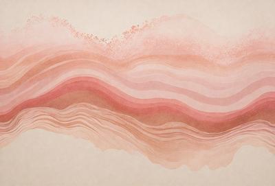 The primary subject of the image is a painting of a mountain with a pink and red color scheme. The setting is a mountainous landscape, and the visual style appears to be a digital art or illustration. The dominant colors in the painting are pink and red, creating a warm and vibrant atmosphere.