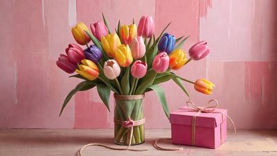 The primary subject of the image is a bouquet of colorful tulips, which are displayed in a vase. The setting is a pink background, which adds a warm and inviting atmosphere to the scene. The visual style is a close-up of the vase with the tulips, showcasing the vibrant colors and details of the flowers. The overall mood of the image is cheerful and lively, as the tulips bring a sense of freshness and natural beauty to the scene.