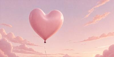 The primary subject of the image is a large, pink heart-shaped balloon floating in the sky. The balloon is the main focus of the image, and it appears to be the only object in the scene. The setting is a cloudy sky, which provides a backdrop for the balloon. The visual style of the image is a combination of photo and digital art, creating a unique and eye-catching scene. The colors in the image are predominantly pink, which gives the balloon