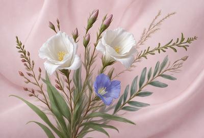 The primary subject of the image is a bouquet of flowers, which are white and blue in color. The flowers are arranged in a vase and are placed on a pink background. The visual style of the image is a painting, which gives it a more artistic and detailed appearance. The colors and mood of the image are predominantly pink, which adds a sense of warmth and softness to the scene.