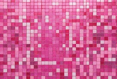 The primary subject of the image is a close-up of a pink tile wall. The setting is a room with a pink tile floor. The visual style is a patterned design, possibly a digital art or illustration. The dominant colors are pink and red, creating a warm and inviting atmosphere.