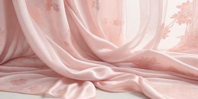 The primary subject of the image is a pink flowered curtain. The curtain is draped over a white surface, creating a visually appealing contrast. The setting appears to be a room with a table, and the visual style is a combination of a photo and a drawing. The colors and mood of the image are predominantly pink, creating a warm and inviting atmosphere.