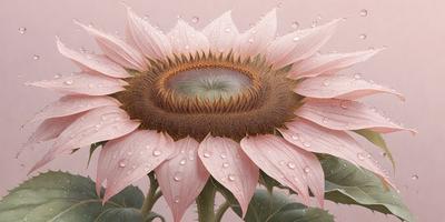 The primary subject of the image is a large, pink sunflower with a yellow center. The sunflower is the main focus of the image, and it is displayed against a pink background. The visual style of the image is a painting, which gives it a more artistic and detailed appearance. The dominant colors in the image are pink and yellow, creating a warm and vibrant atmosphere.