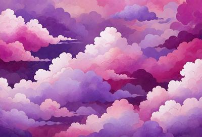 The primary subject of the image is a purple and pink cloudy sky. The setting is a colorful, cloudy sky with a purple and pink hue. The visual style is a digital art or illustration, creating a whimsical and dreamy atmosphere. The colors and mood of the image are predominantly purple and pink, giving it a soft and calming appearance.