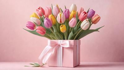 The primary subject of the image is a bouquet of tulips in a pink box. The setting is a pink background, which adds a warm and inviting atmosphere to the scene. The visual style is a close-up of the bouquet, showcasing the vibrant colors of the tulips. The colors and mood of the image are predominantly pink, creating a sense of love and affection.