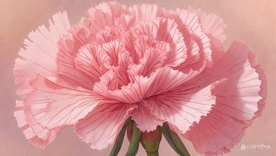 The primary subject of the image is a large, pink flower with long petals. The flower is prominently displayed in the foreground, with a pink background. The visual style of the image is a painting, which gives it a more artistic and detailed appearance. The dominant colors in the image are pink and white, creating a soft and delicate atmosphere.