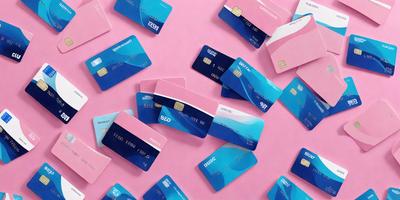 The primary subject of the image is a collection of various credit cards. These cards are spread out across the scene, with some cards placed on top of each other and others lying flat. The setting is a pink background, which adds a touch of color to the scene. The visual style of the image is a close-up of the credit cards, showcasing their details and designs. The colors and mood of the image are predominantly pink, giving it a warm and inviting atmosphere.