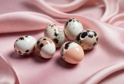 The primary subject of the image is a group of eggs, which are displayed on a pink surface. The setting appears to be a bed, with the eggs placed on a sheet. The visual style of the image is a photo, capturing the eggs in their natural setting. The colors and mood of the image are predominantly pink, creating a warm and inviting atmosphere.