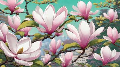 The primary subject of the image is a tree filled with pink flowers. The tree is located in a city setting, with a tall building visible in the background. The visual style of the image is an illustration, which adds a whimsical and artistic touch to the scene. The dominant colors in the image are pink and white, creating a warm and inviting atmosphere.