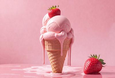 The primary subject of the image is a large, pink, frozen strawberry dessert, which appears to be a strawberry shortcake. The dessert is placed on a pink surface, which adds to the overall visual style. The setting is a close-up of the dessert, showcasing its delicious appearance. The colors and mood of the image are predominantly pink, which gives it a warm and inviting atmosphere.