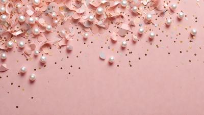 The primary subject of the image is a pink background with a pattern of pink and white pearls. The setting is a pink surface, and the visual style is a combination of photo and digital art. The colors and mood of the image are predominantly pink and white, creating a warm and elegant atmosphere.