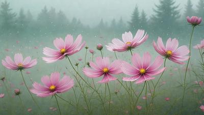 The primary subject of the image is a field of flowers, with a focus on pink flowers. The setting is a grassy field with trees in the background, creating a serene and natural atmosphere. The visual style is a painting, which adds a sense of artistic expression and beauty to the scene. The dominant colors are pink and green, giving the image a warm and lively mood.