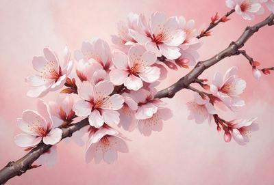 The primary subject of the image is a branch with pink flowers on it. The setting is a pink background, which adds to the overall mood of the scene. The visual style is a painting, which showcases the artist's skill in capturing the beauty of the flowers and the branch. The colors and mood of the image are predominantly pink, creating a warm and inviting atmosphere.