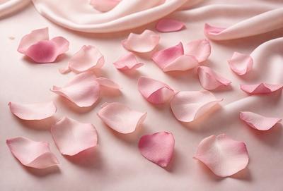 The primary subject of the image is a pink rose petal. The setting is a pink surface, which could be a table or a bed. The visual style is a close-up of the rose petal, showcasing its delicate texture and color. The dominant colors are pink and white, creating a soft and elegant atmosphere.