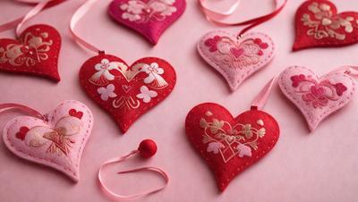 The primary subject of the image is a collection of red heart-shaped ornaments. These ornaments are displayed on a pink surface, which adds a warm and inviting atmosphere to the scene. The setting appears to be a workspace or a display area, as the hearts are arranged neatly and are accompanied by a pair of scissors, suggesting that they may have been crafted or customized. The visual style of the image is a combination of photo and digital art, as the hearts are depicted in a realistic manner