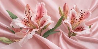 The primary subject of the image is a bouquet of flowers, which are pink and white in color. The flowers are placed on a pink background, creating a visually appealing contrast. The setting appears to be a studio, as the flowers are arranged on a pink sheet, which suggests a controlled environment for photography or artistic purposes. The visual style of the image is a close-up of the flowers, emphasizing their beauty and details. The overall atmosphere of the image is warm and inviting, with the pink
