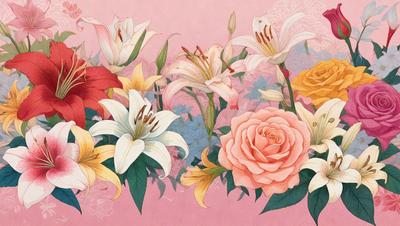 The primary subject of the image is a beautiful bouquet of flowers, which are arranged in a vase. The flowers are of various types and colors, creating a visually appealing and vibrant scene. The setting is a pink background, which adds a touch of warmth and elegance to the overall atmosphere. The visual style of the image is a combination of digital art and illustration, showcasing the artist's skill in creating a realistic and aesthetically pleasing representation of the flowers. The colors and