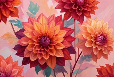 The primary subject of the image is a close-up of a flower, which is the main focus of the image. The setting is a pink background, which adds a vibrant and warm atmosphere to the scene. The visual style is a painting, which gives the image a more artistic and detailed appearance. The dominant colors are pink and orange, creating a lively and cheerful mood.