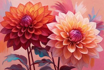 The primary subject of the image is a painting of two large, colorful flowers. The flowers are depicted in a vibrant pink and orange color scheme, creating a warm and inviting atmosphere. The setting is a painting, showcasing the artist's skill in capturing the beauty of the flowers. The visual style is a painting, which adds a sense of artistic expression and creativity to the image.