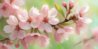 The primary subject of the image is a branch with pink flowers on it. The setting is a garden, and the visual style is a painting. The dominant colors are pink and white, creating a warm and inviting atmosphere.